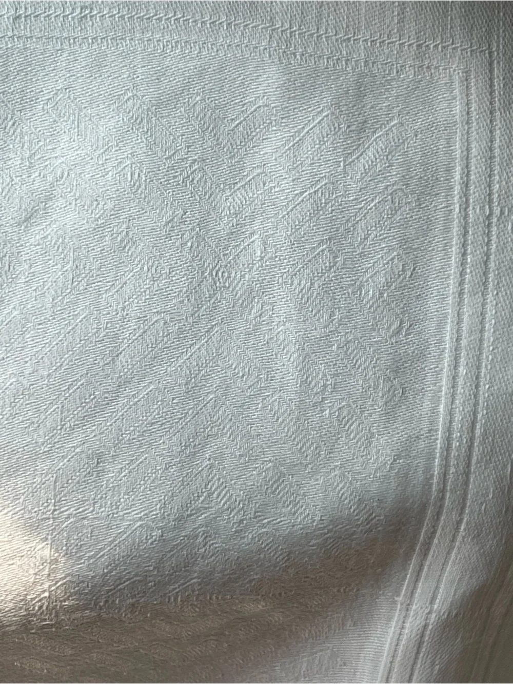 Vintage linen White work striped Tablecloth with decorative border 43 in square.